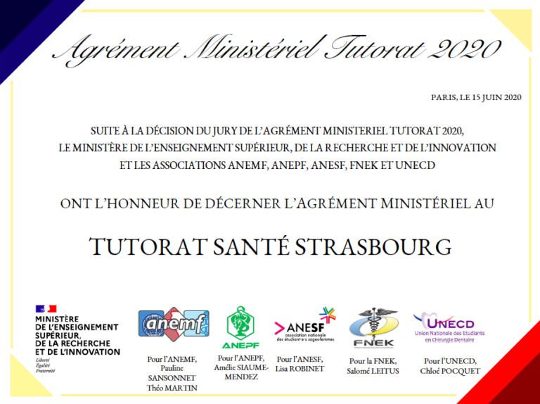 Agrément Ministériel des Tutorats 2020 • Tutorat Santé Strasbourg